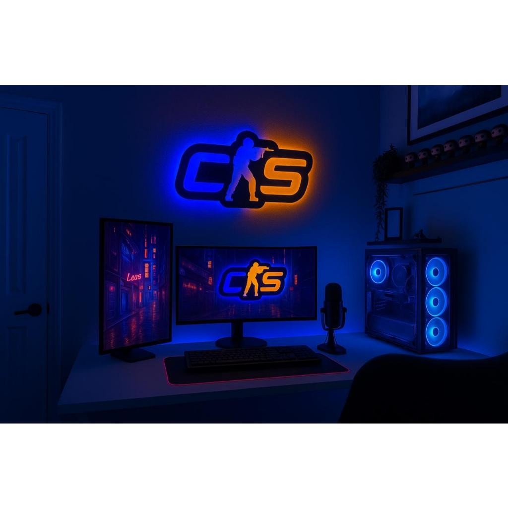 Luminária Gamer Cs 2 Counter Strike 2 | Luminária LED 60x30cm | Quarto Gamer E-Sport | Gaules Fallen