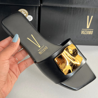Sandália Rasteira Vizzano Slide Leve Original Lançamento Original Com Detalhes em Dourado