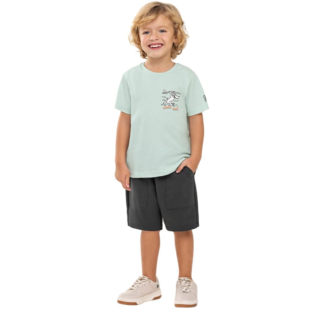 Conjunto Menino Angerô Camiseta Algodão Bermuda Moletinho - Verde