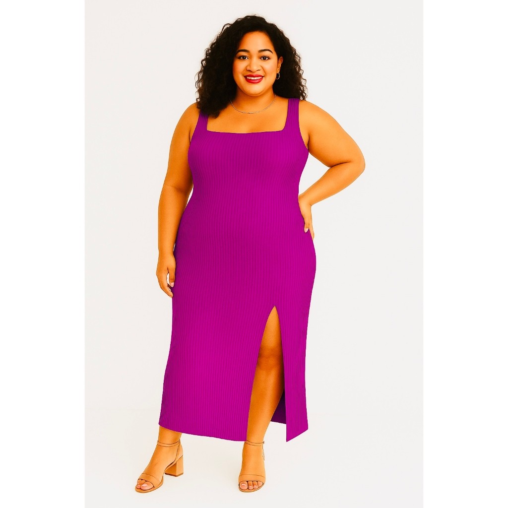 Vestido Longo Canelado Gola Quadrada Feminino Plus Size com Fenda Lateral – Elegante e Confortável
