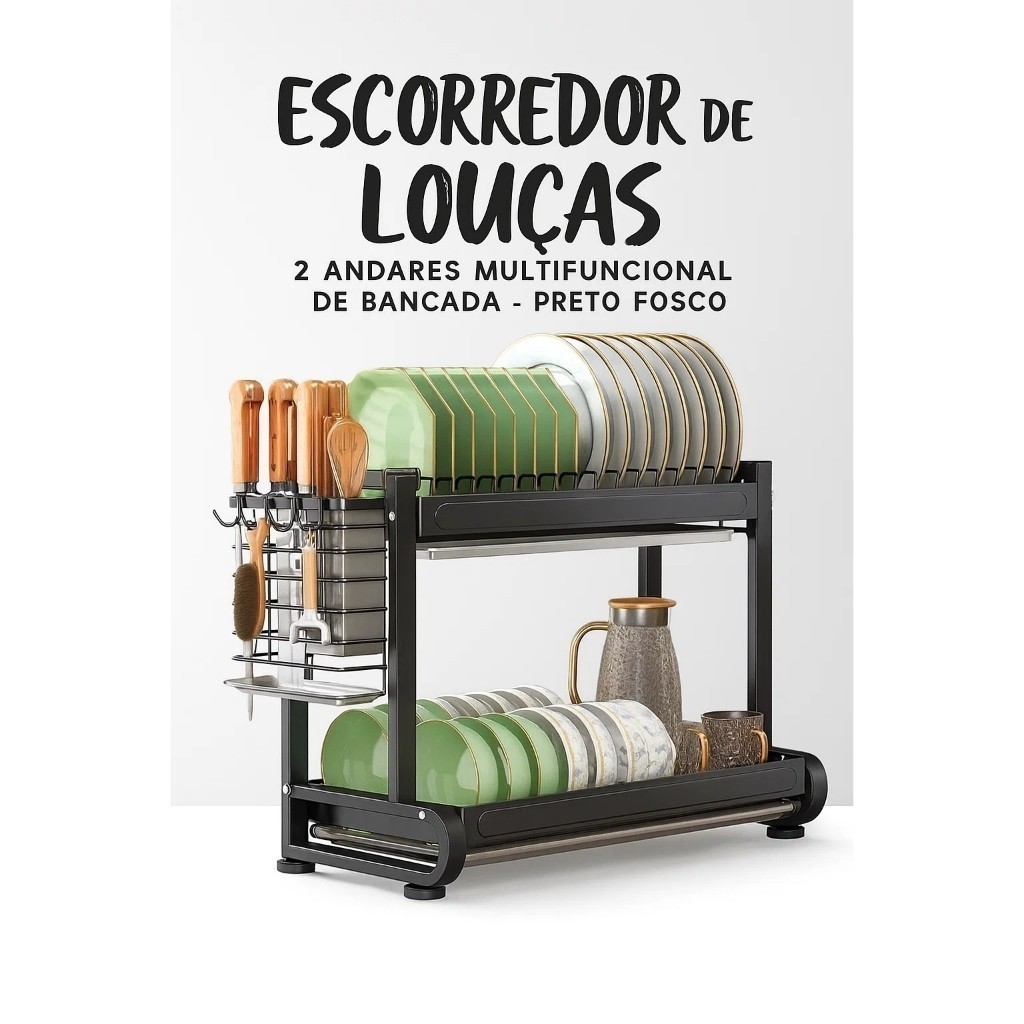 Escorredor Louça Dois Andares Aço Carbono Preto Fosco Pias Cozinha Suporte Copos Talher Pratos Dreno