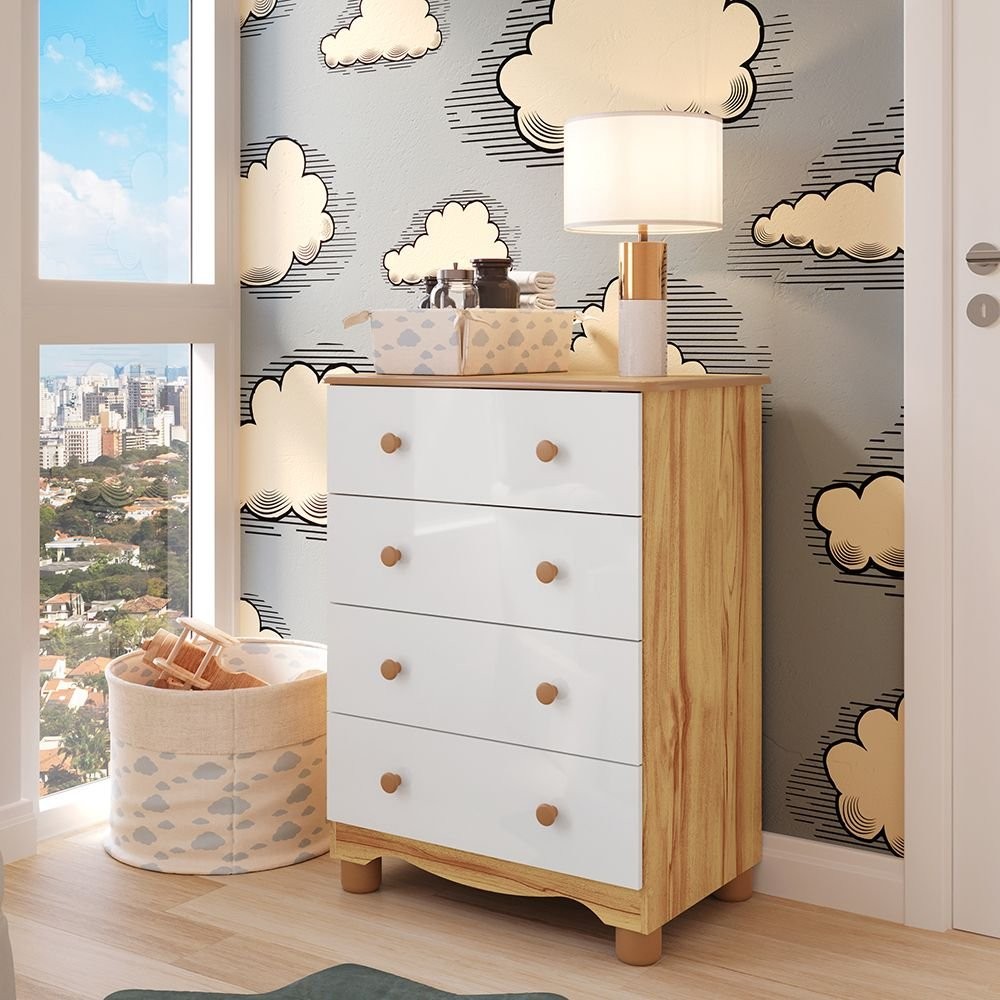 Cômoda Infantil 4 Gavetas 100% MDF Mimo Espresso Móveis Branco Brilho/Amêndoa em Oferta na Shopee