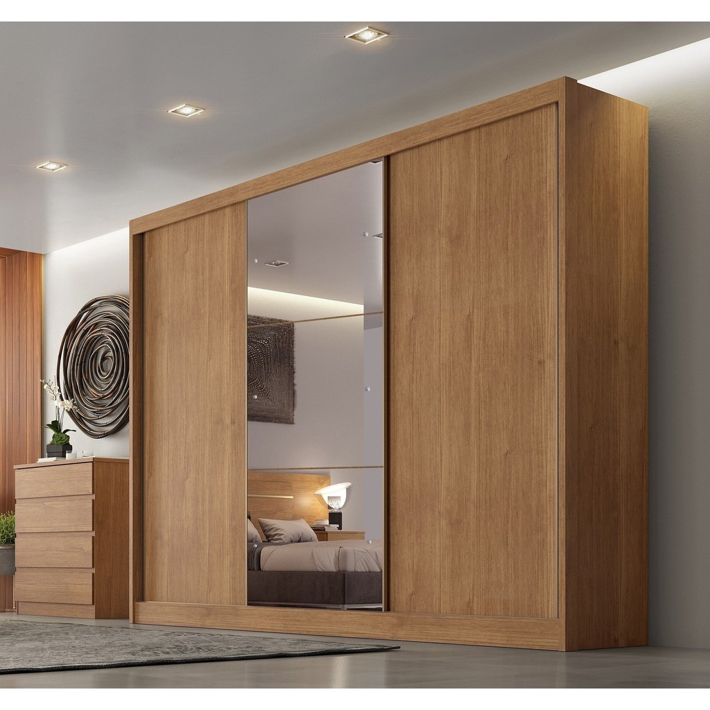 Guarda-Roupa Casal MDF com Espelho 3 Portas 6 Gavetas Soberano Cumaru em Oferta na Shopee