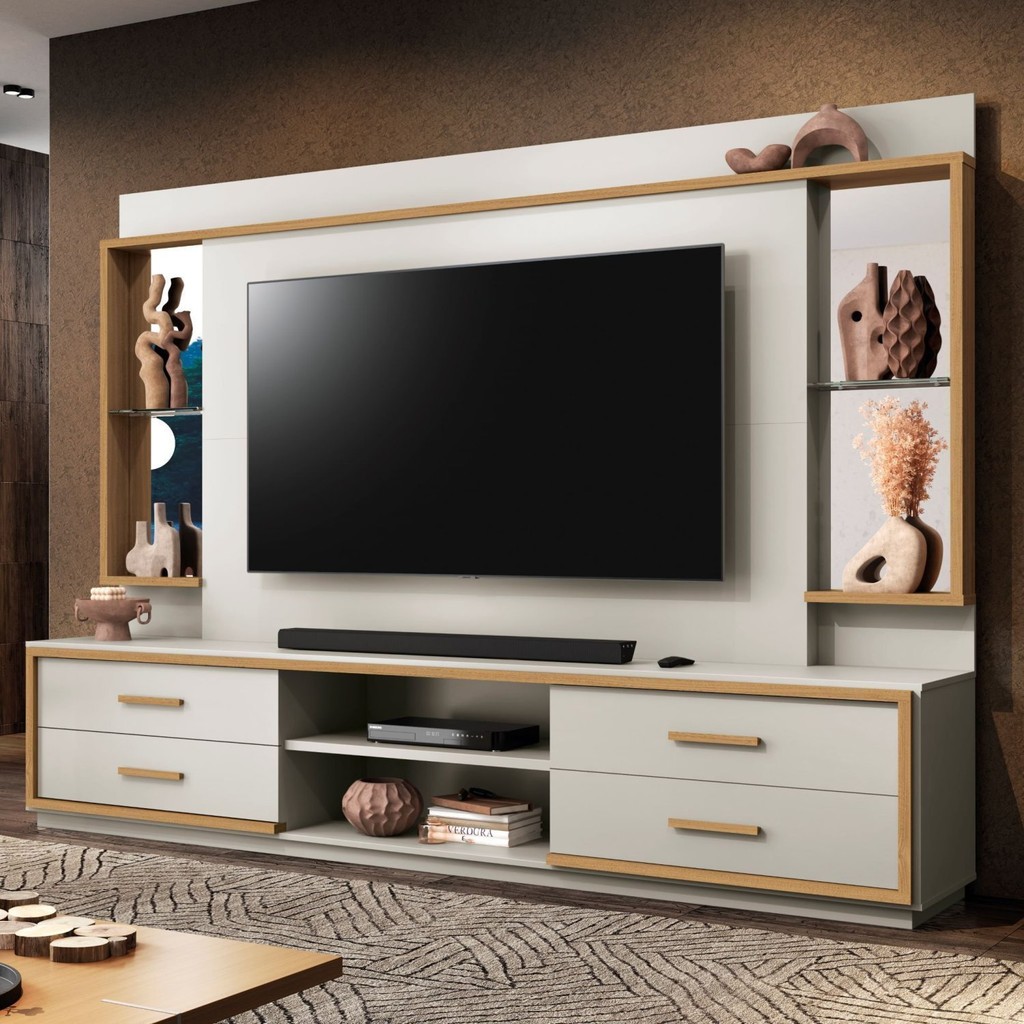 Estante para TV e Home Theater até 75 Polegadas 100% MDF 240CMX192CM Espelho 4 Gavetas Leni Cinza Fendi/Freijó Nobre