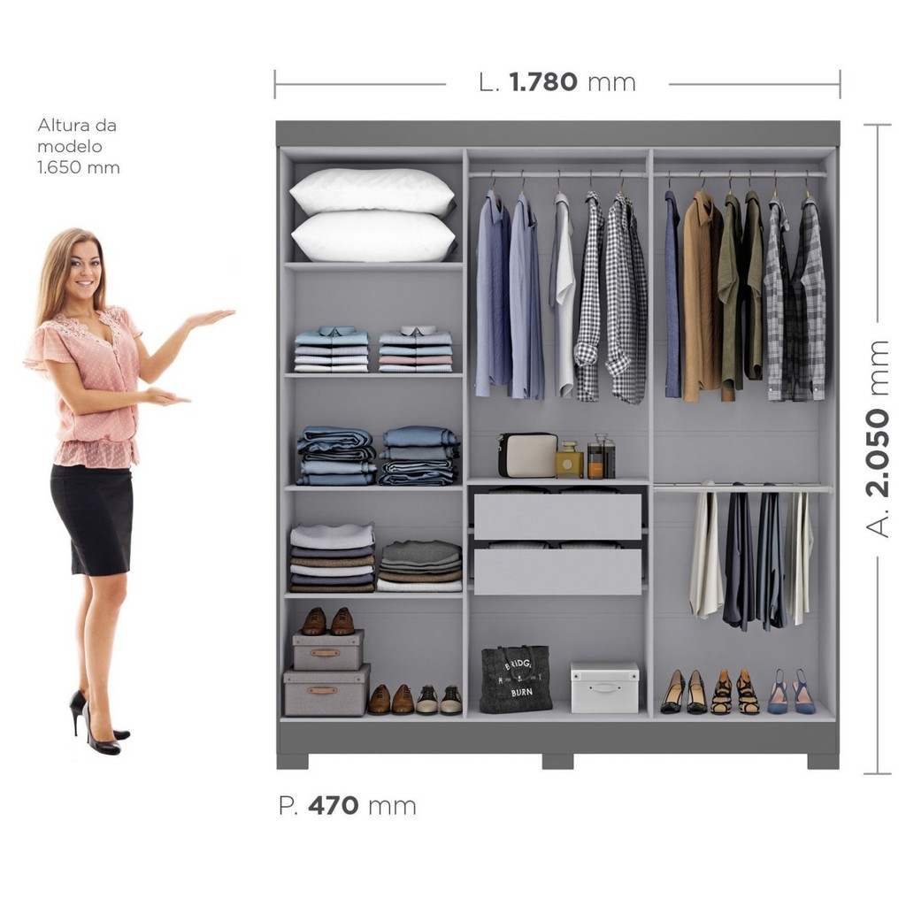 Detalhes do Guarda Roupa Casal com Pés Paris 6 Portas 2 Gavetas Paris Espresso Móveis Cinza
