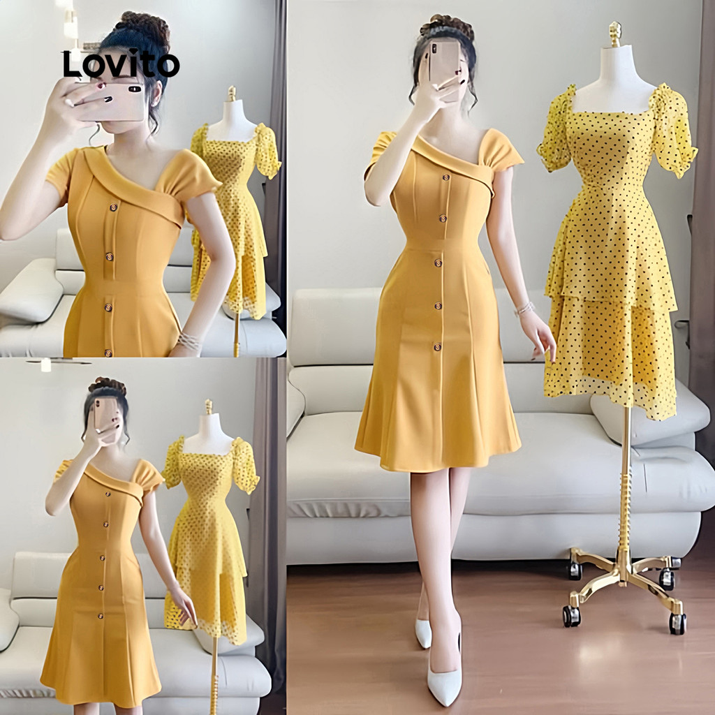 Detalhes do Lovito Vestido feminino assimétrico liso para mulheres L128ED405