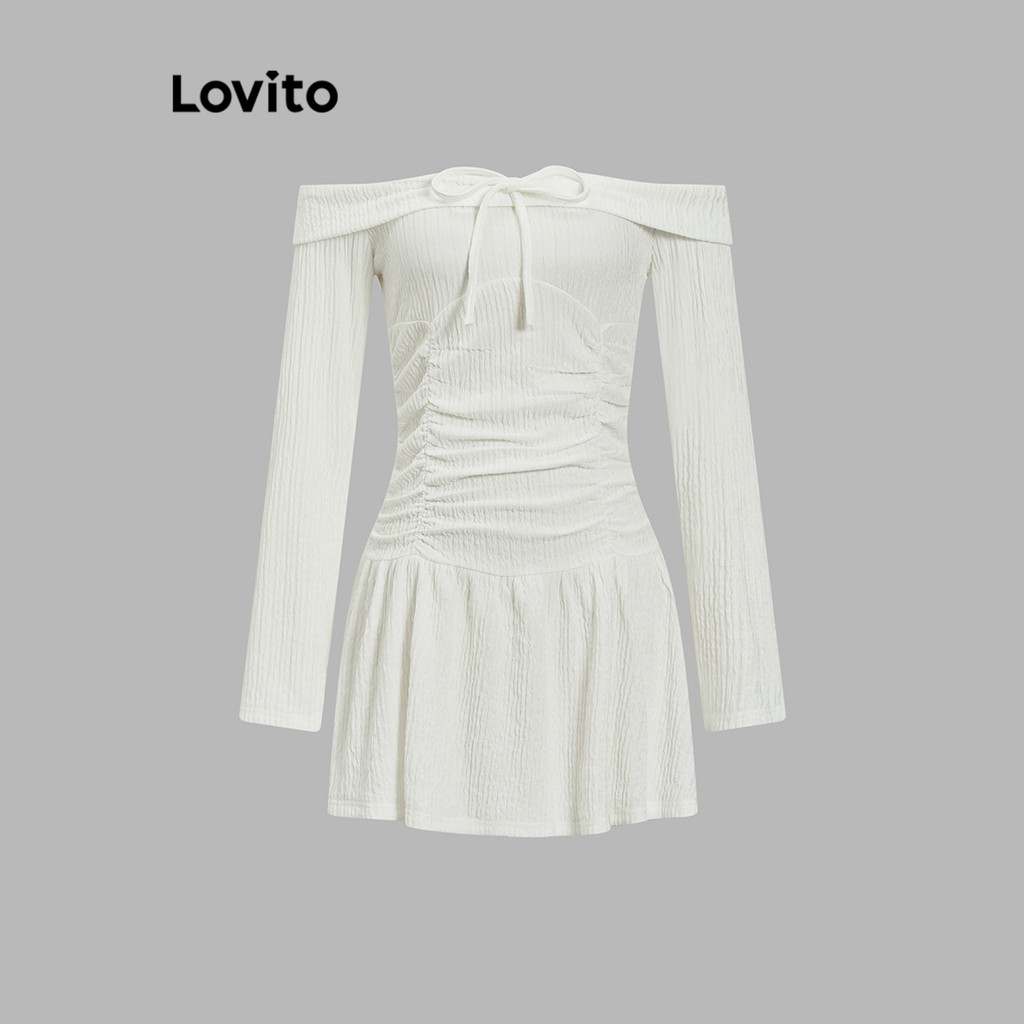 Detalhes do Lovito Vestido Casual De Ombro Frio Plissado Vestido De Verão/Primavera Para Mulheres L102AD329