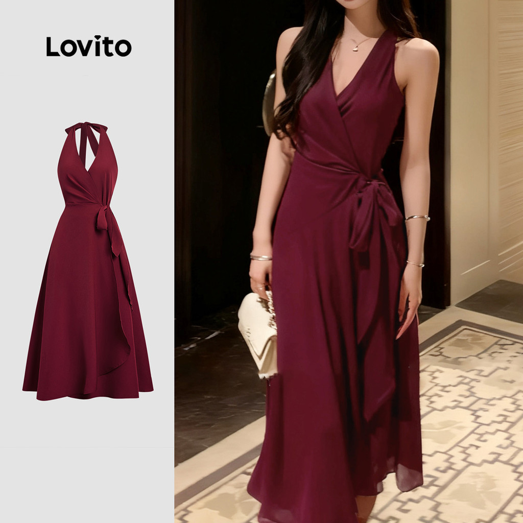(NEW) Lovito Vestido Elegante Envolvente com Laço de Renda Primavera/verão Vestido Claret L155ED1064