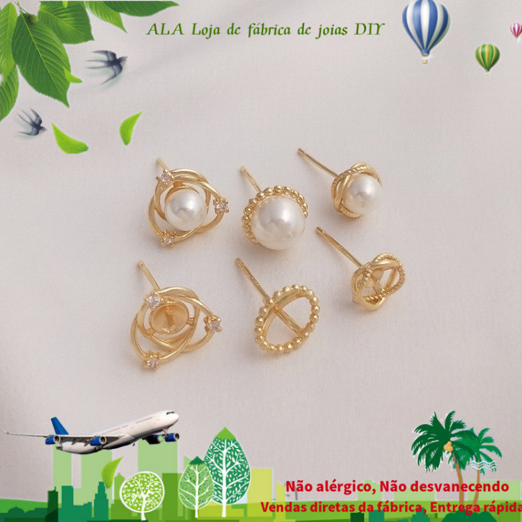 Brincos de suporte de pérola com meio furo banhado a ouro 14K S925 Agulha de prata Brincos de suporte vazio DIY feitos à