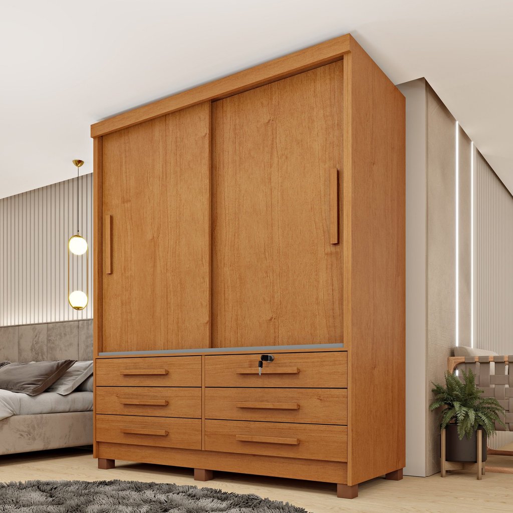 Guarda Roupa Solteiro com Pés 2 Portas 6 Gavetas 133cm Chicago Bege/Cinamomo Cinamomo