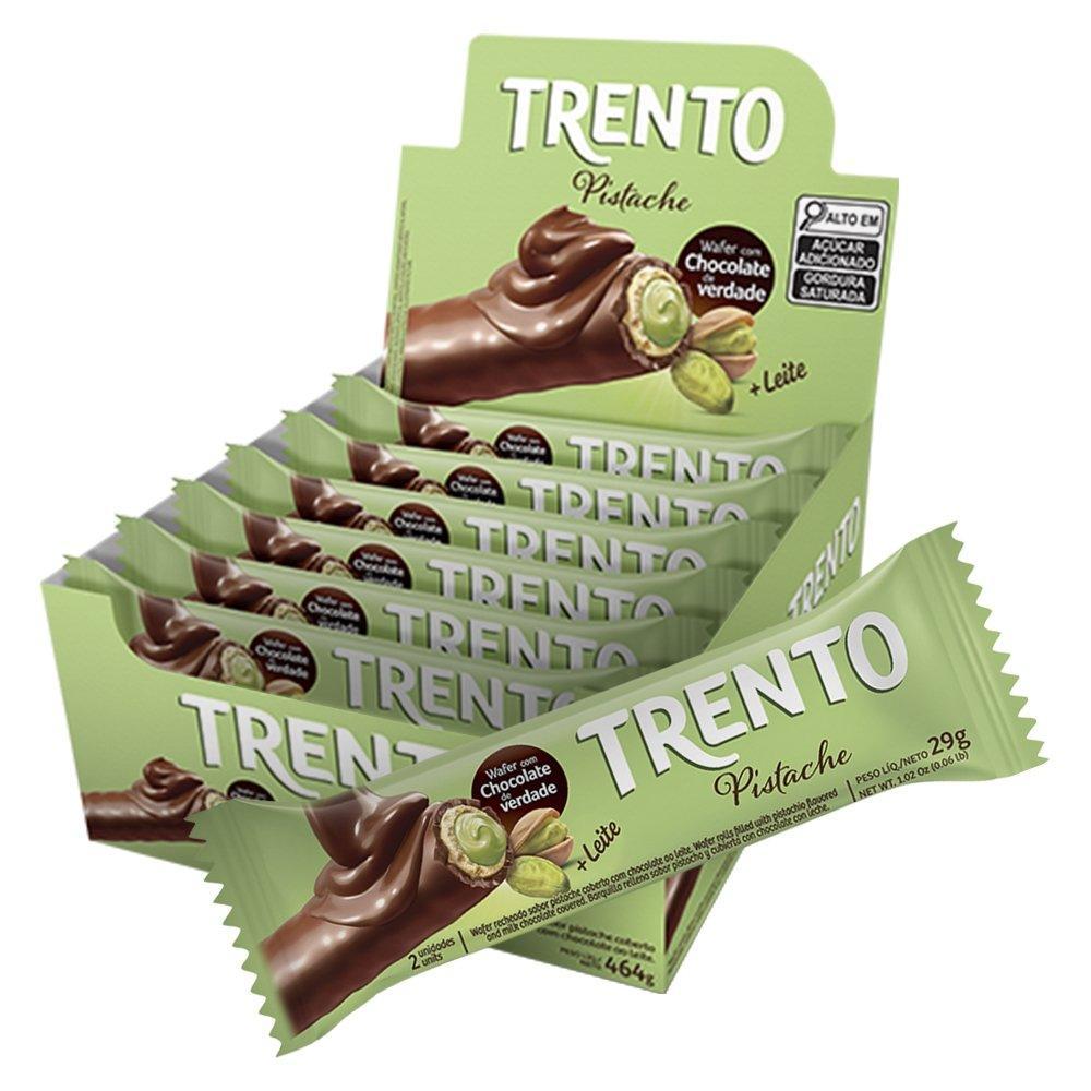 Chocolate Wafer Trento Pistache 29g - Embalagem com 16 Unidades