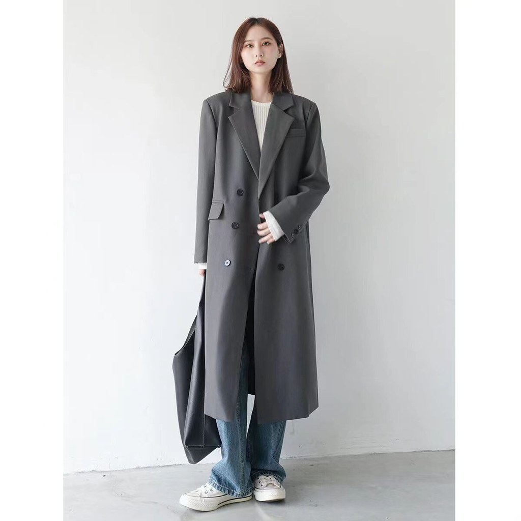 Cinza blusão Extra longo terno estilo blusão jaqueta feminina outono inverno 2026 novo estilo Popular britânico Retro ca