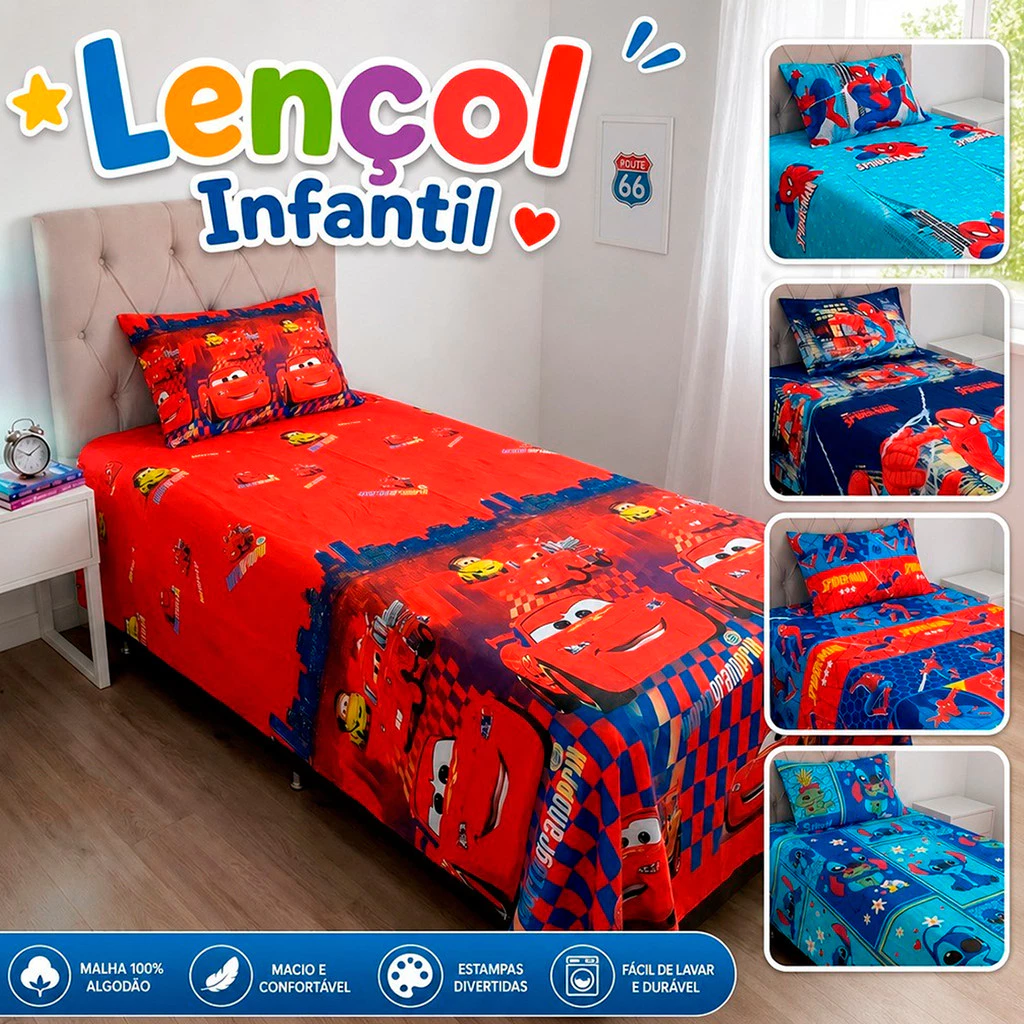 Jogo de Lençol Infantil Solteiro Com Fronha Homem Aranha Stitch Carros Frozen Princesas — imagem 1