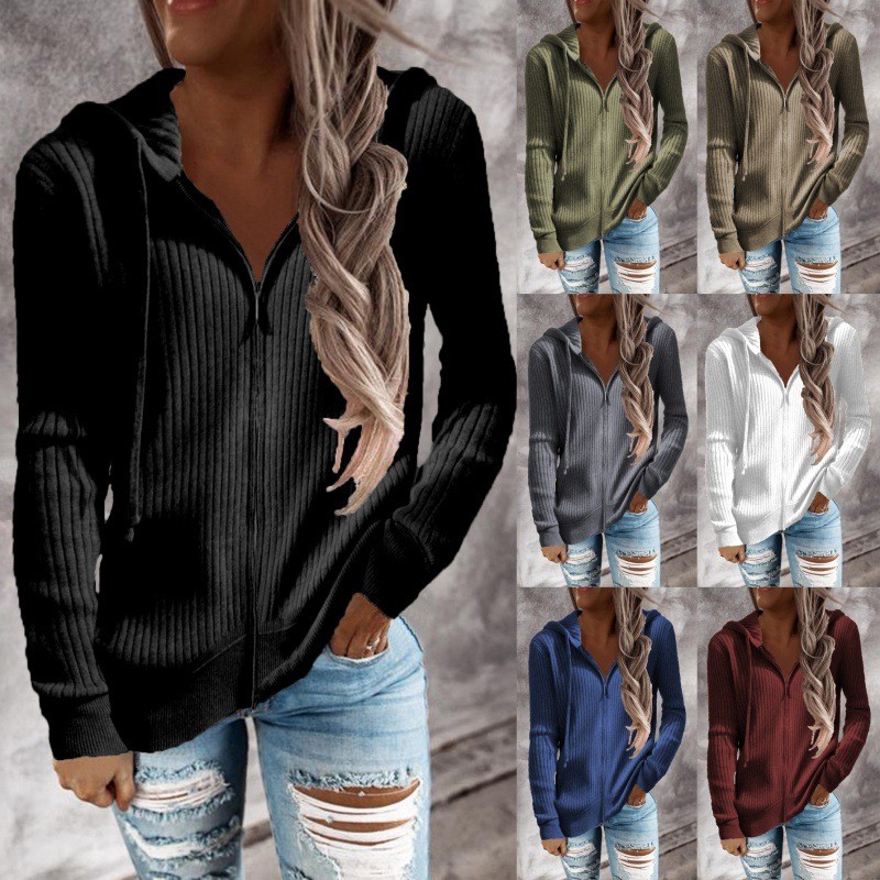Listrado Casual Moletom Com Capuz Solto Zíper Malha Cardigan Manga Comprida Suéter Feminino