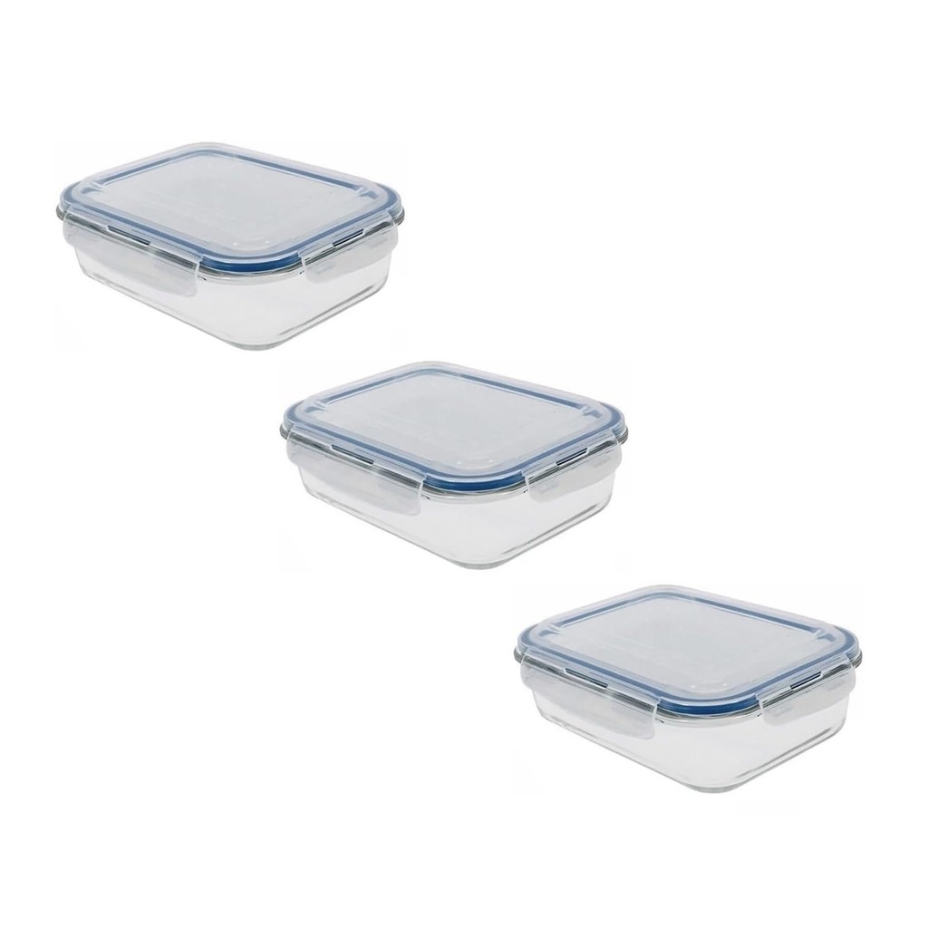 Jogo 3 Potes Herméticos Anel Vedação Removível 4 Travas Marmita 600ml Fitness Semana Bpa Free Micro-ondas Freezer Vidro