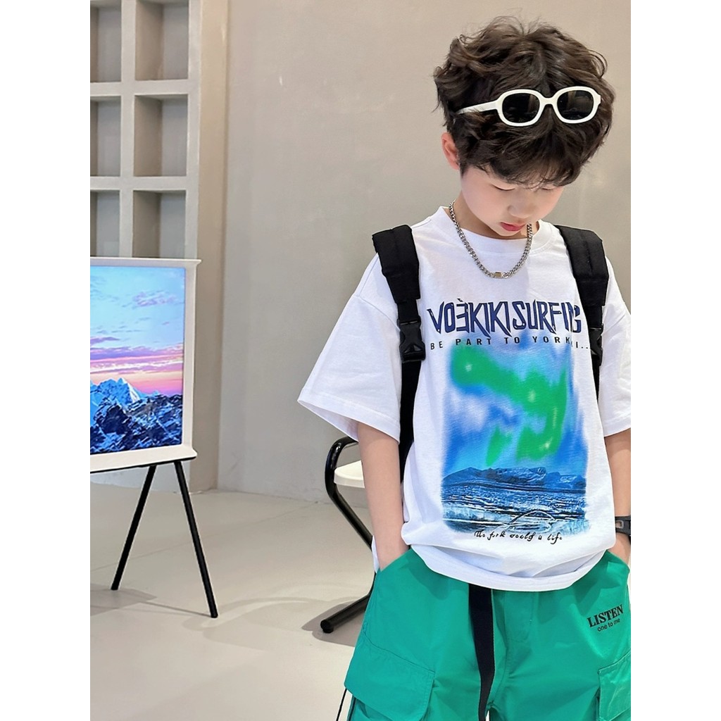 Algodão puro meninos camiseta de manga curta 2024 verão novo estilo médio grande crianças impresso meia manga na moda le