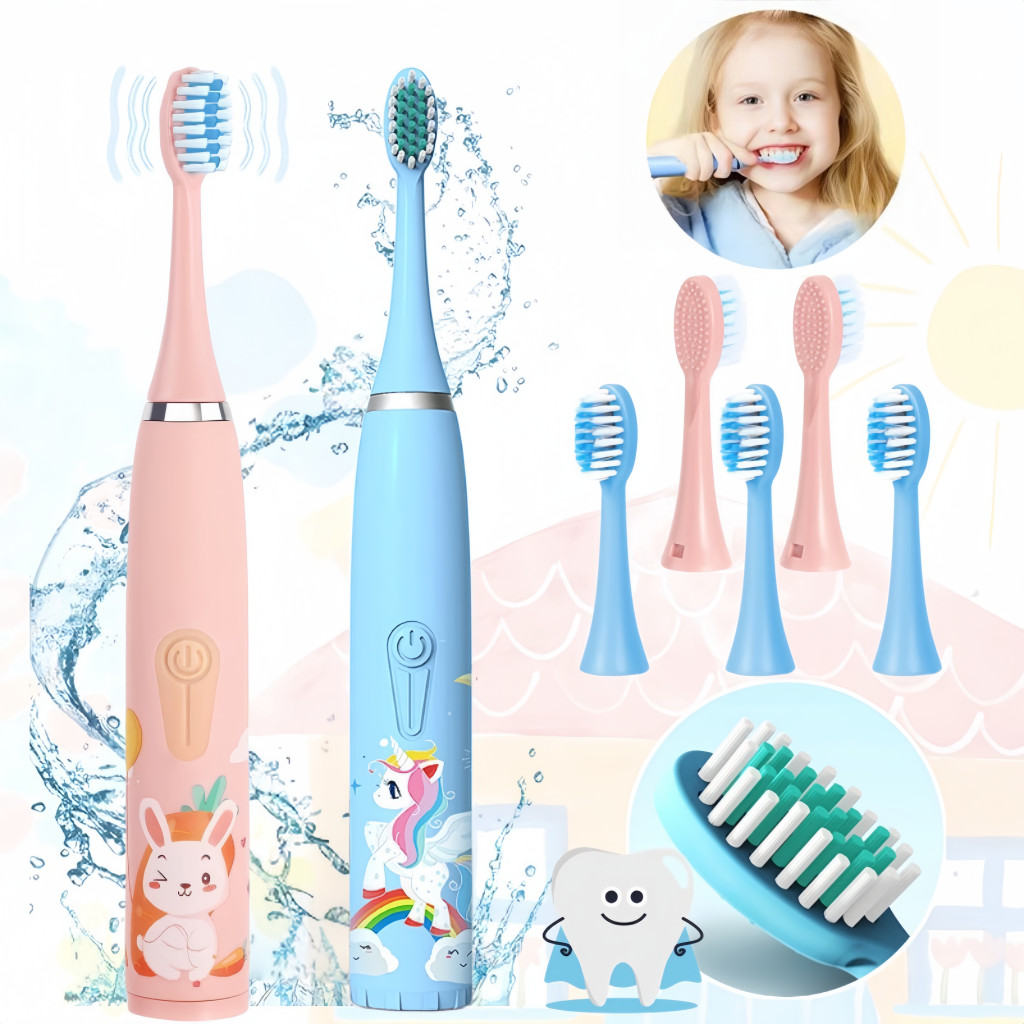 Escova Dental Elétrica Ultra-Sônica Para Crianças Acústica Onda Fofa Cabelos Suaves Dupla Face Limpa Cuidados