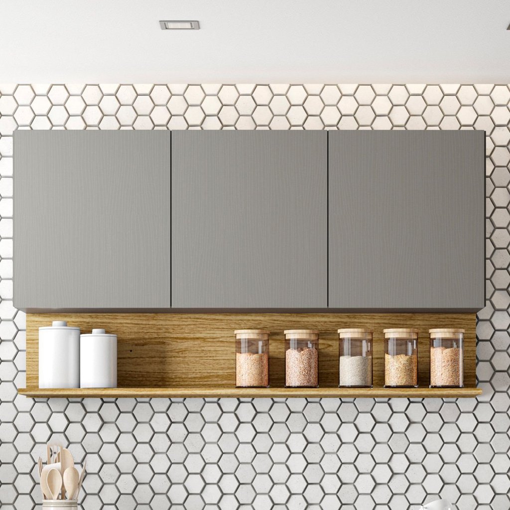 Armário para Cozinha 3 Portas 120cm Line Cinza/Gris/Freijó Gris/Freijó
