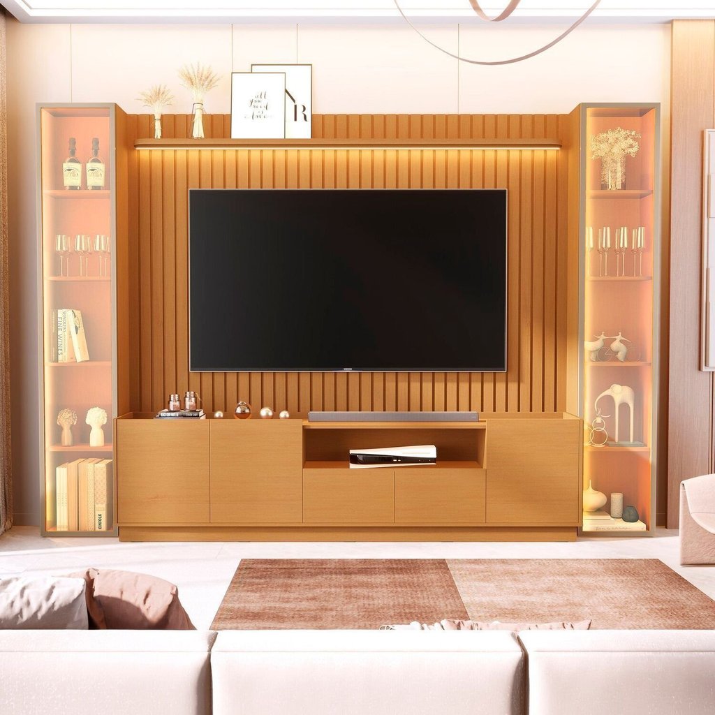Estante Home Theater para TV até 84 Polegadas Ripado com Vidro Reflecta e LED 100% MDF 219CMX305CM Vitoria Regia