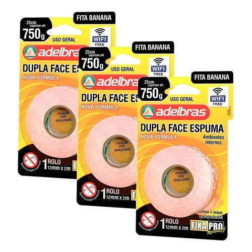 3 Uni Fita Dupla Face Espuma 12mm X 2m Adelbras Branco Lisa Fixação Objetos Decoração Montagem Superfícies