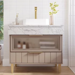 Gabinete para Banheiro 90cm com 1 Porta 1 Gaveta e Cuba de Sobrepor Bariloche Marrom/Cappuccino Cappuccino