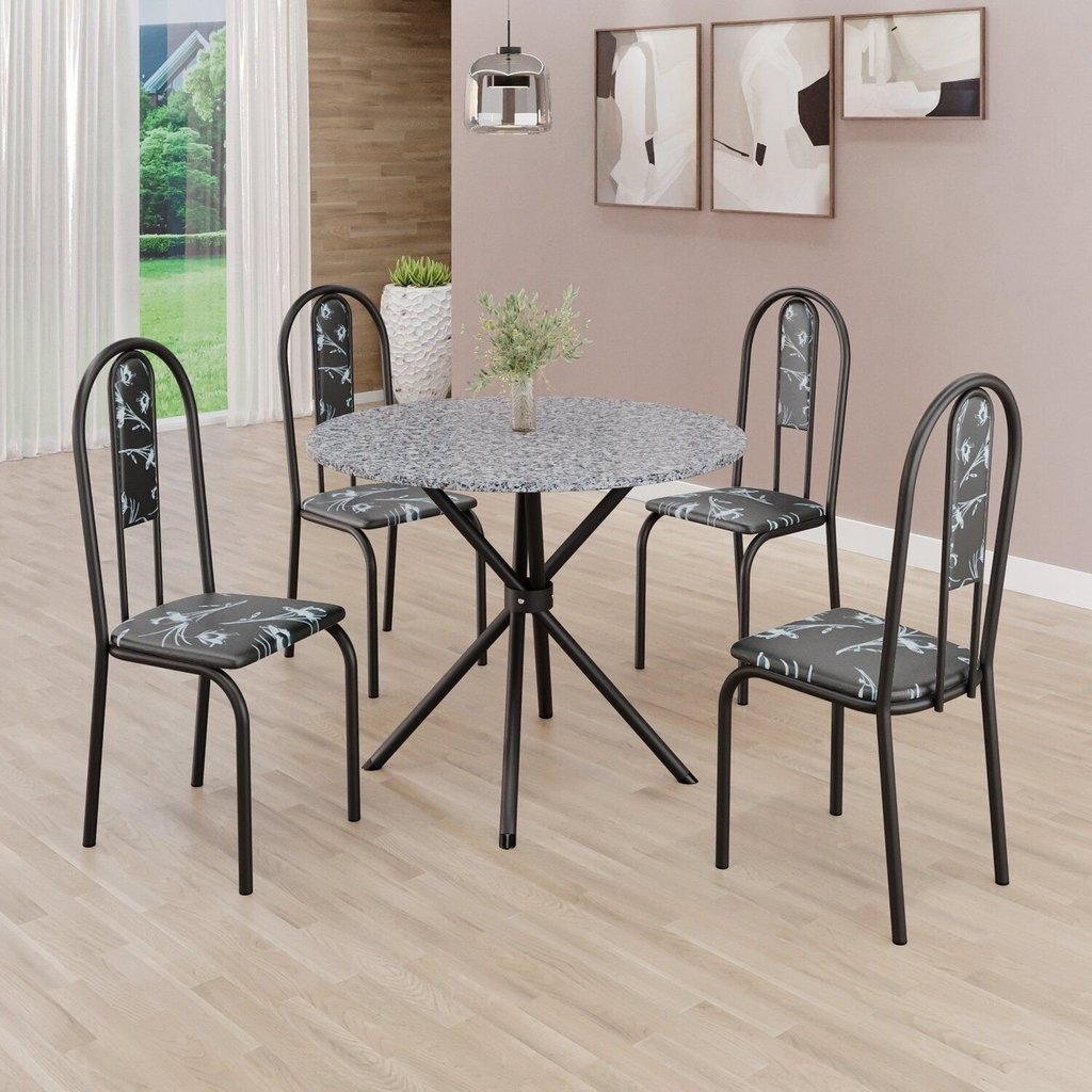 Conjunto Sala de Jantar Mesa Redonda 75cm Tampo Granito Ocre 4 Cadeiras Linda Yescasa Preto/Floral/Fosco Preto