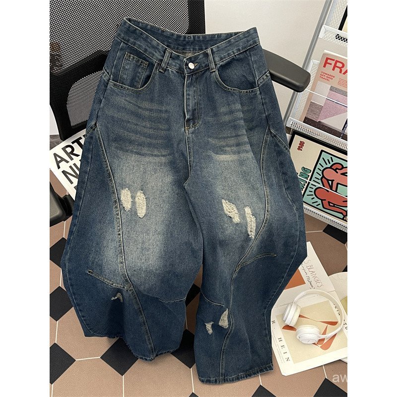 Street Wear rasgado Machete Jeans masculino verão Design solto calças retas americano High street Drape calças de perna