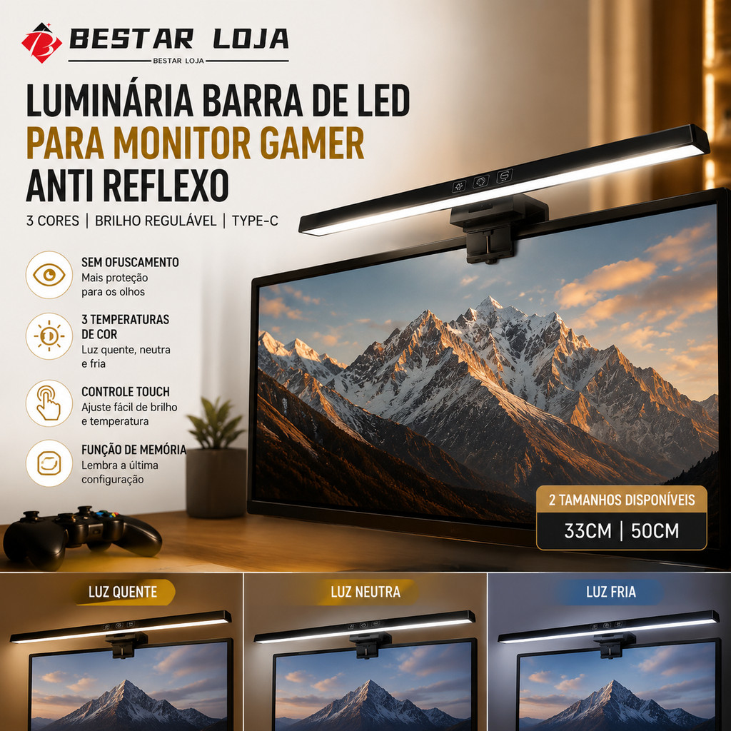 BESTAR Luminária Barra De Led Para Monitor Gamer Anti Reflexo 3 Cores Brilho Regulável Lightbar P/ PC 33cm 50cm Type-C