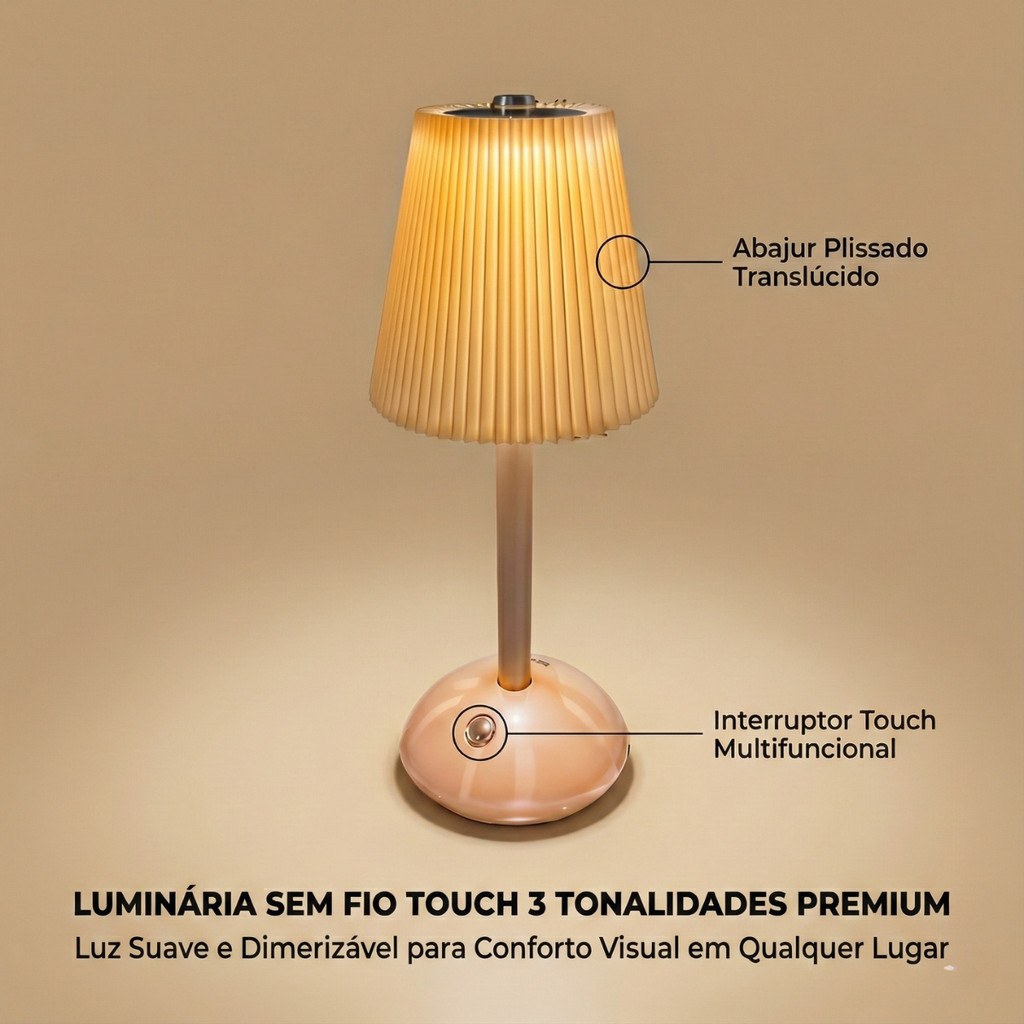 Luminária de Mesa LED Sem Fio Recarregável Touch 3 Cores Quente Fria Abajur Leitura