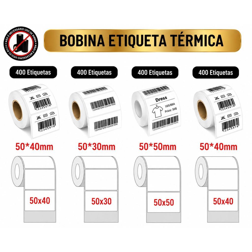 Rolo Etiqueta Térmica Adesiva 40x25mm 50x40mm 50x50mm 50x30mm (1 Coluna)