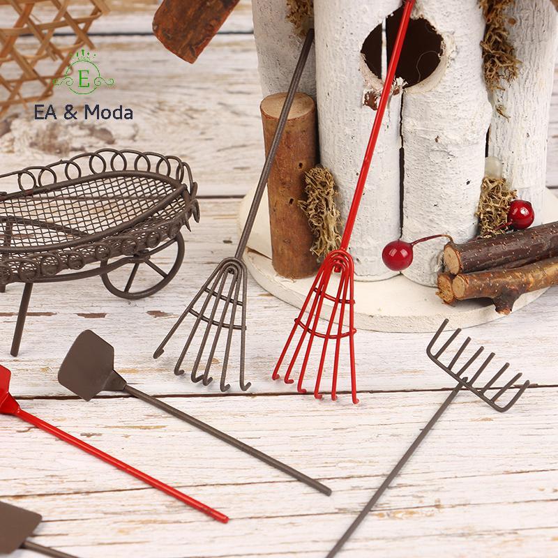 EA & Moda 1/12 Casa De Bonecas Simulação Kit Ferramentas Jardim Pá Ancinho Enxada Carrinho Ferramenta Fazenda Ornamentos