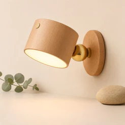 Arandela Luminaria LED Parede Sem Fio Magnetica Madeira Touch 360 Recarregavel USB Giratoria Nordica Sem Furos Portatil
