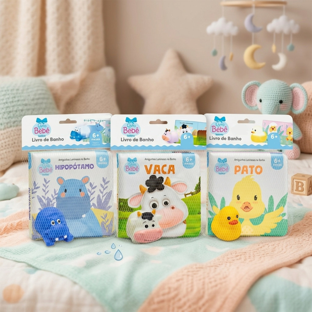 Livro de Banho Bebê Amiguinhos Luminosos Animais Com Brinquedo 6+ Meses Infantil