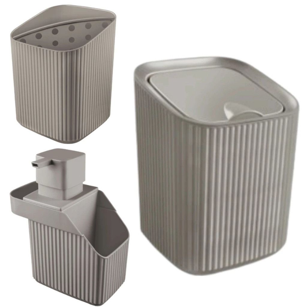 Kit Cozinha Porta Detergente, Escorredor de Talheres e Lixeira 3L Conjunto Pia - Usual Utilidades