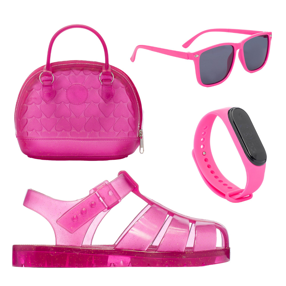 Combo Infantil Sandalia +Bolsa+Oculos+Relogio Feminino Funfy em Oferta na Shopee