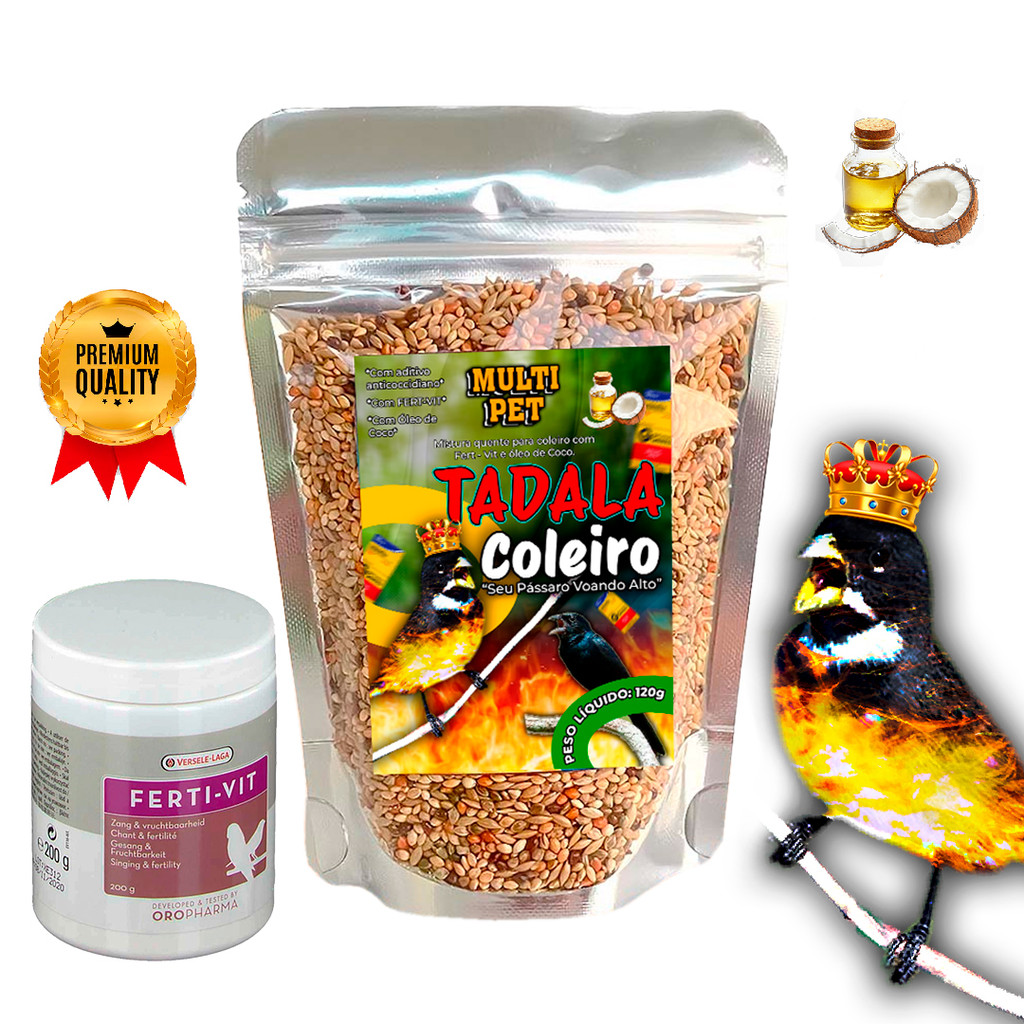 Ração Tadala Coleiro Óleo Coco 120g Mistura Quente FertVit Anticoccidiano Pássaros Papa capim baiano em Oferta na Shopee