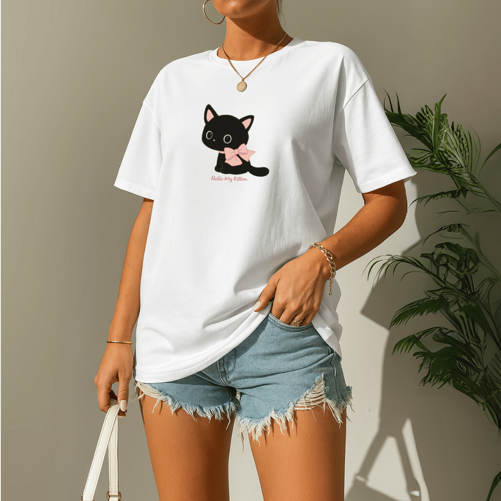 Camiseta Feminina Gatinha Com Laço 100% Algodão Confort Estampa Gatinha Estilo Fofo e Casual
