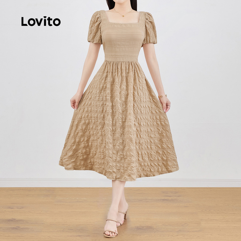 Detalhes do Lovito Vestido Elegante Jacquard Primavera/verão Cáqui Para Mulheres L138ED329