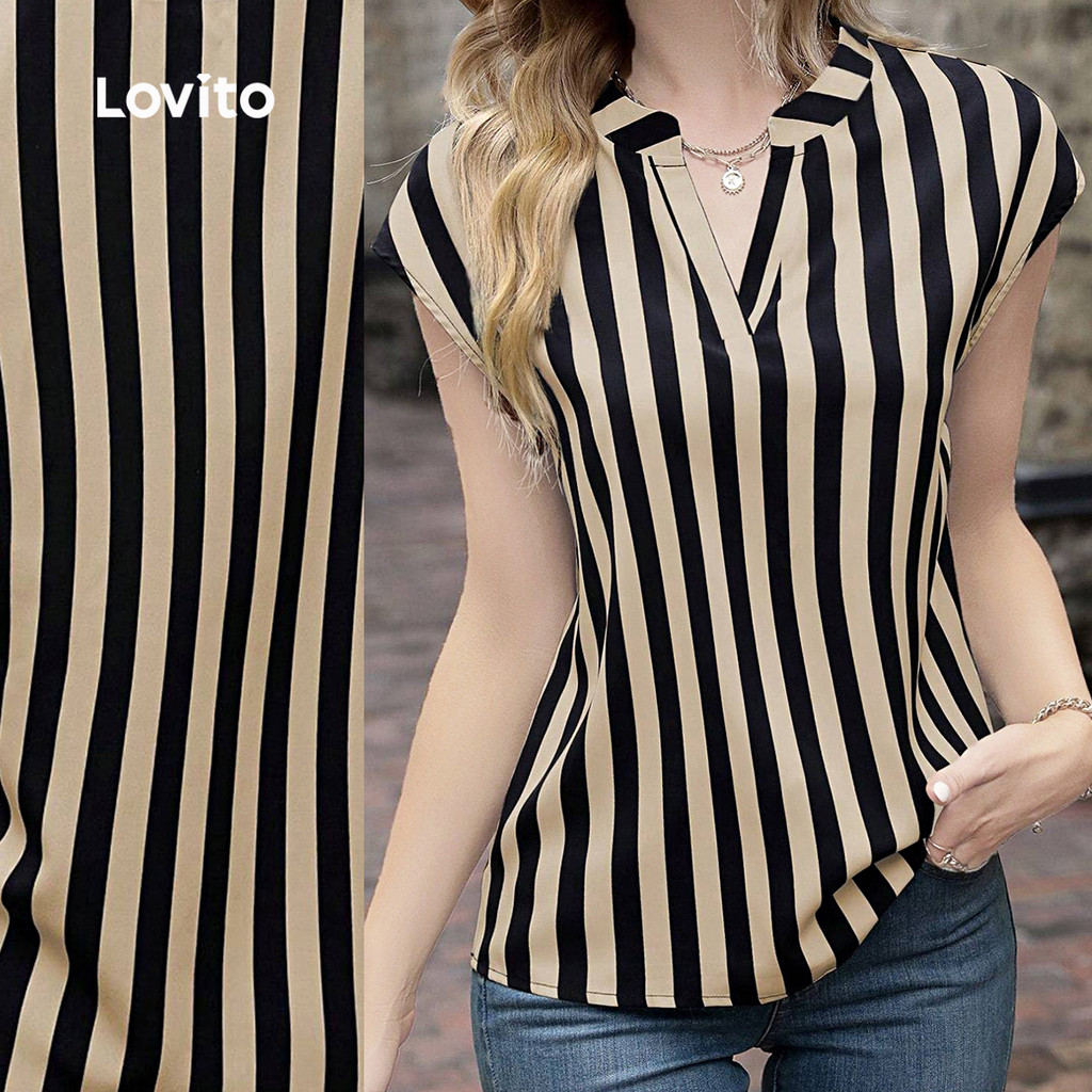 Lovito Elegante Top de ombro caído listrado com gola pequena-BLB152PBD059