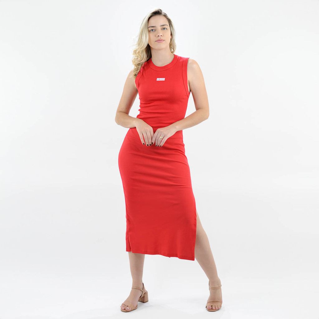 Vestido Colcci Canelado Midi com Detalhe em Logo Vermelho - Feminino em Oferta na Shopee