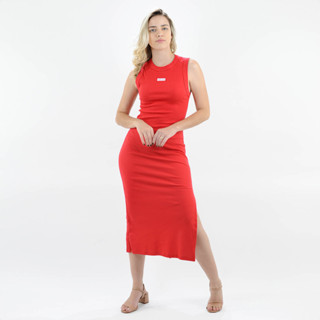 Vestido Colcci Canelado Midi com Detalhe em Logo Vermelho - Feminino em Oferta na Shopee