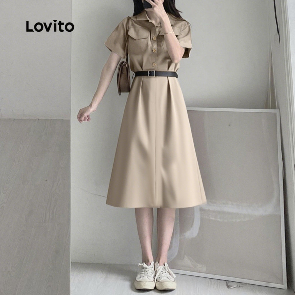 Detalhes do (New) Lovito Vestido Casual de Bolso Primavera/verão Caqui para Mulheres L149ED139