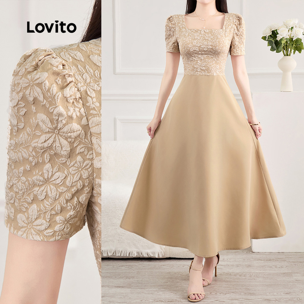 (New) Lovito Vestido Elegante Falso 2 em 1 Primavera/verão Vestido Caqui para Mulheres L150AD933 em Oferta na Shopee