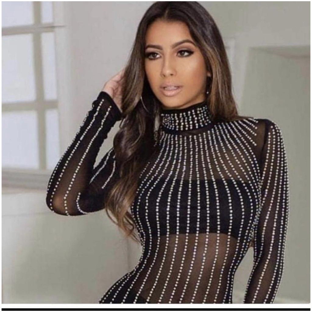 Body Tule Com Pedraria Body Com Brilho Manga Longa