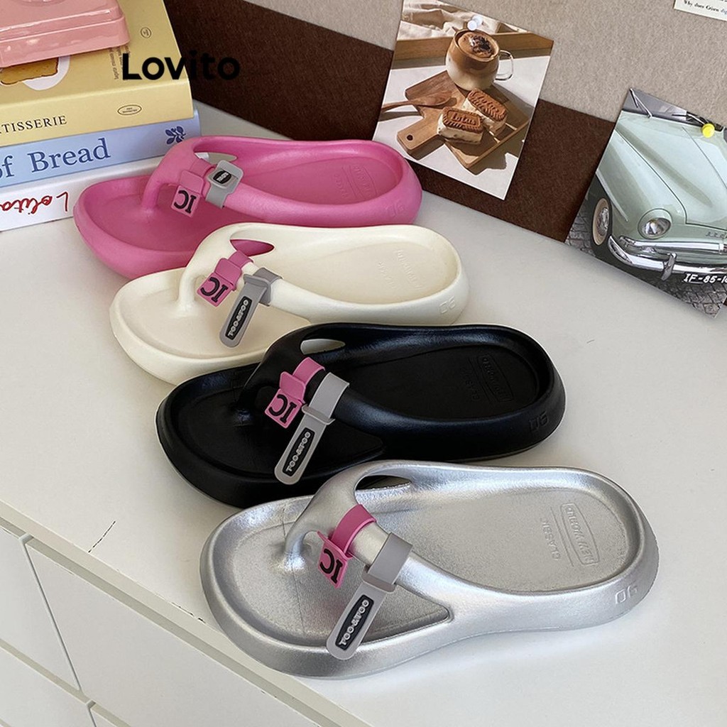 Lovito Casual Plain Label Eva Confortável Sola Grossa Estilo Coreano Sandália Plana para Mulheres LFA47046 em Oferta na Shopee
