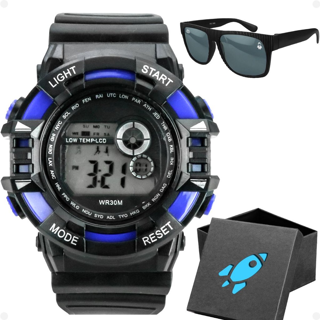 relogio preto infantil digital menino + oculos sol + caixa silicone ajustavel original adolescente