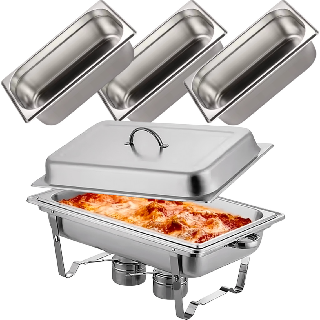 Kit Rechaud GN 1/1 Inox Fogareiro Duplo + 3 Cubas 1/3 100mm