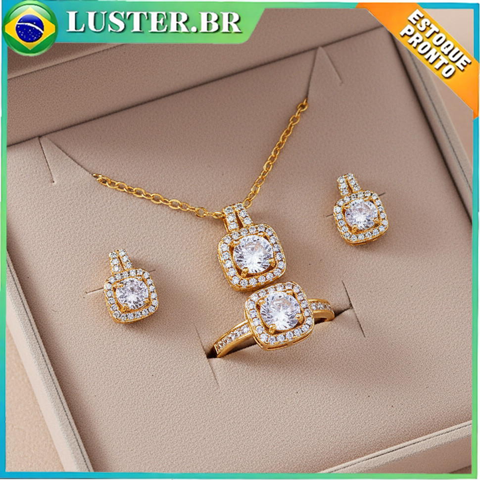 Kit Jóias Luxuoso 3 Pecas - Colar, Brincos, Anel Zircônia Cúbica Ouro Banhado | Presente para Festas e Eventos em Oferta na Shopee