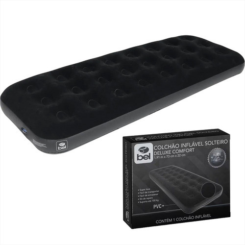 Colchão Inflável Solteiro Deluxe Comfort Cor Preto Bel Acampamento Trilhas Camping Barracas