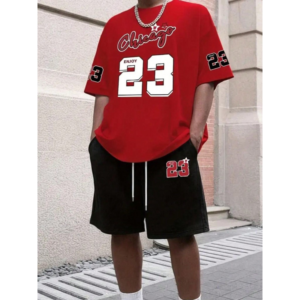 Kit Camiseta e Bermuda de moletom "Chicago 23 Enjoy Vermelho" Estilo Tumblr Moderno - Lançamento ESPECIAL PROMOCIONAL em Oferta na Shopee
